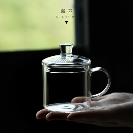 新羽手工玻璃绿茶泡耐热办公杯滤孔带把带盖会议花茶杯功夫茶道