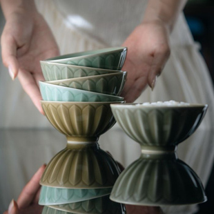 土人斋柴烧小满足莲瓣六碗套组饭碗大茶碗茶杯汤碗龙泉青瓷餐饮具