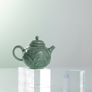土人斋和为贵莲子壶雕刻鱼藻纹荷花泡茶壶球孔分茶器龙泉青瓷茶具