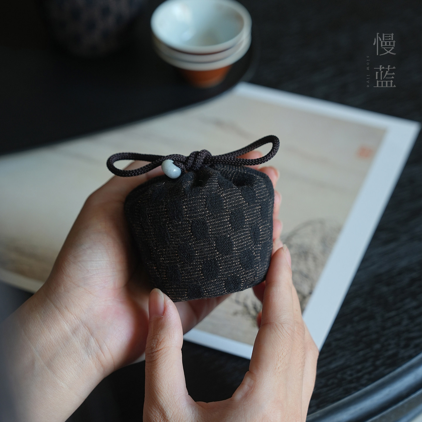 慢蓝仕覆袋mini香云纱织锦茶包袋棉麻布包杯袋出行便携茶具收纳包