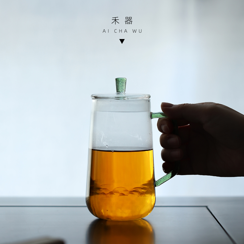 禾器茶具耐热玻璃碧影青霓杯带盖绿茶杯绿金把手咖啡水杯功夫茶道