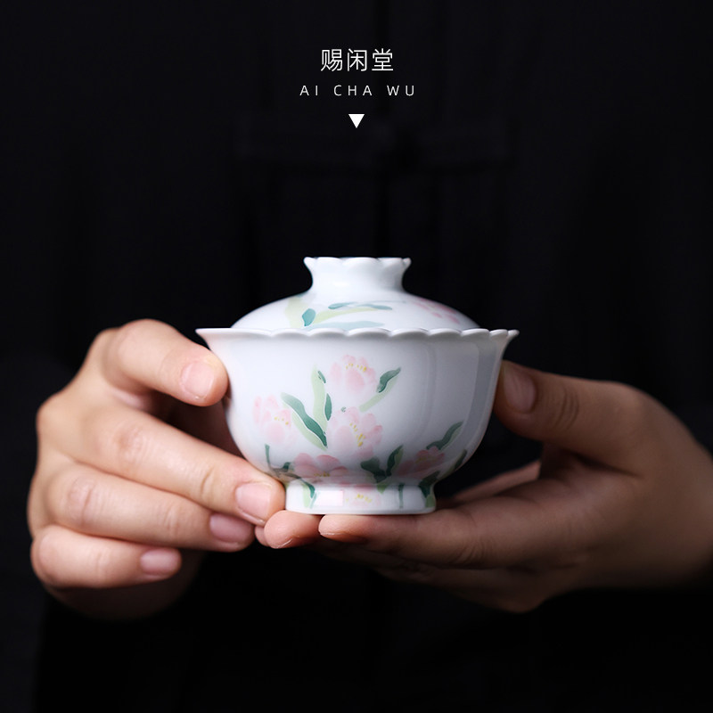 G赐闲堂茶具手绘釉下彩泰狮鱼曦暮共时盖碗泡茶器敬茶杯功夫茶道