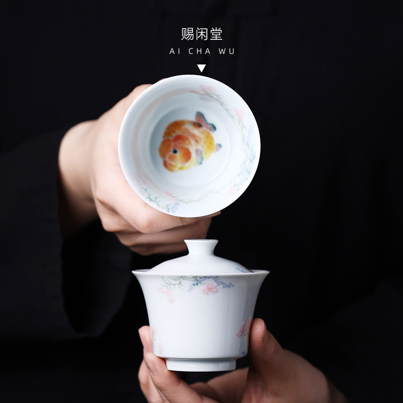Y赐闲堂手绘釉下彩花里闲兰寿鱼马蹄盖碗泡茶器敬茶杯功夫茶具