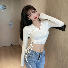 Real Hong Kong Style tight T-shirt sexy high waist lace up hollow out T-shirt foreign style