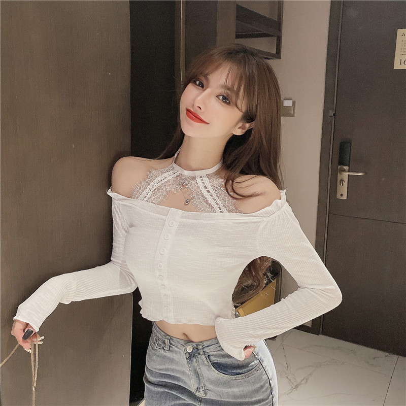 Spring and Autumn New Style Lace side stitching shirt sexy anchor hollowed out neck hanging shirt
