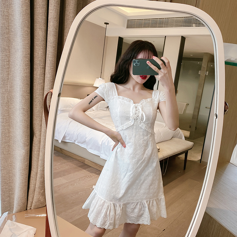 Real photo 58 French close waist Platycodon skirt women's summer sweet little retro lace dress