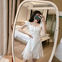 Real photo 58 French close waist Platycodon skirt women's summer sweet little retro lace dress