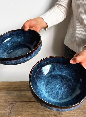 复古欧式陶瓷碗圆形蓝色厚实沙拉菜碗餐具家用泡面碗餐厅碗釉下彩