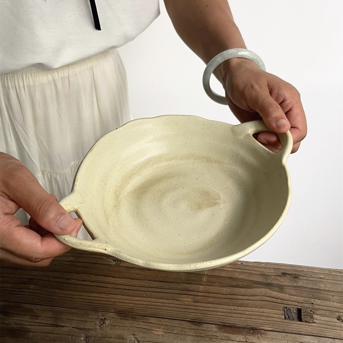 日式粗陶哑光双耳碗菜碗