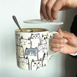 笑脸猫陶瓷手绘釉下彩牛奶杯700ml大容量早餐复古可爱情侣杯水杯