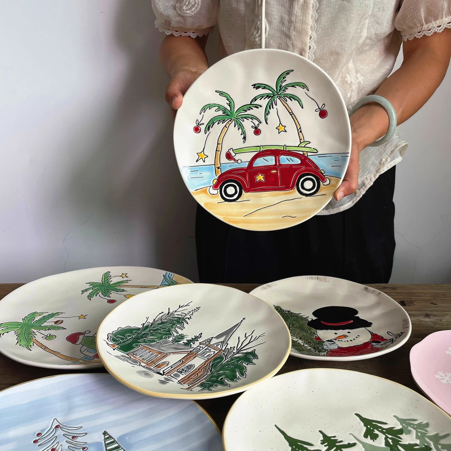 欧式手绘圆形盘不规则意面盘子餐厅创意水果盘复古沙拉盘家用菜盘