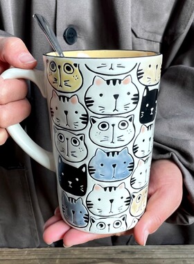 好看的猫咪杯内黄色手绘釉下彩牛奶杯早餐可爱情侣杯喝水杯大容量