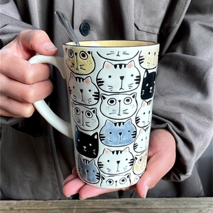 好看 猫咪杯内黄色手绘釉下彩牛奶杯早餐可爱情侣杯喝水杯大容量