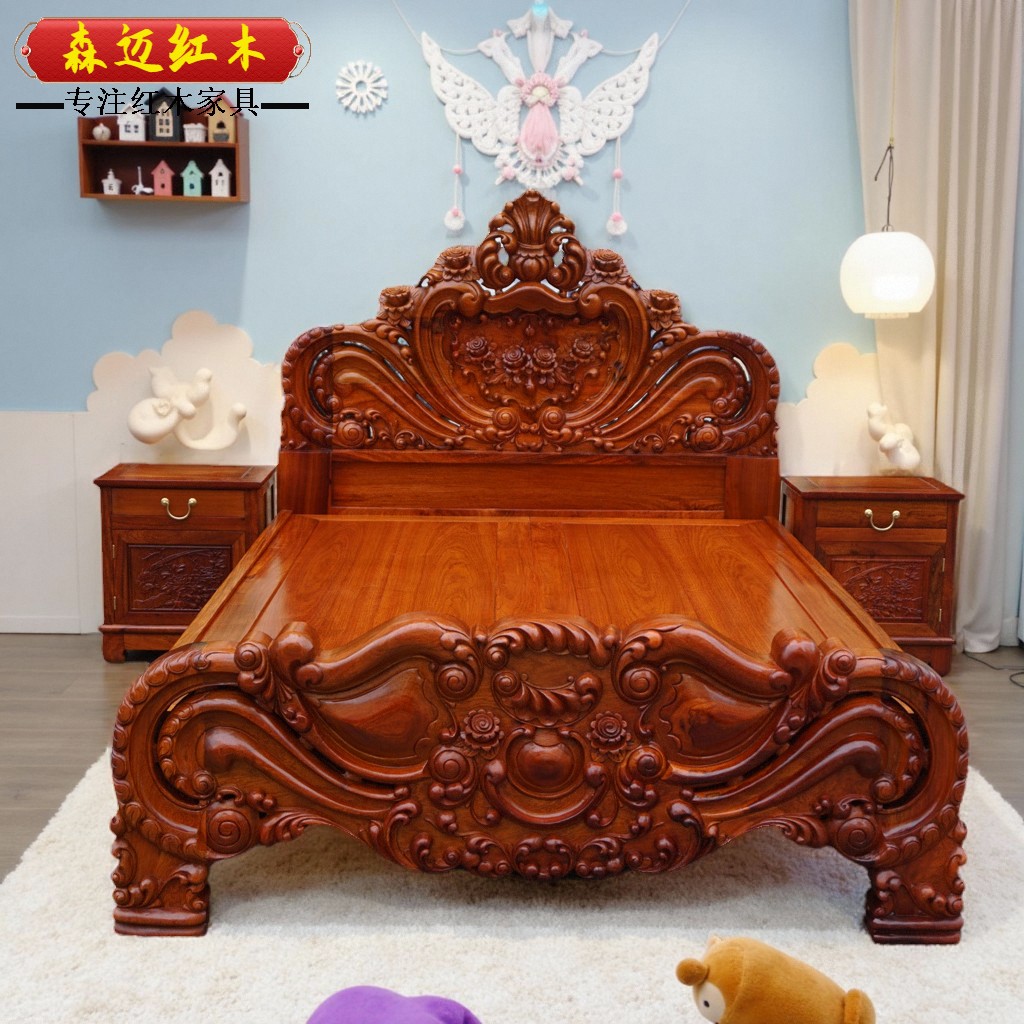 缅甸花梨红木床卯榫玫瑰 加厚面板双人床婚床品质雕花古典花梨木