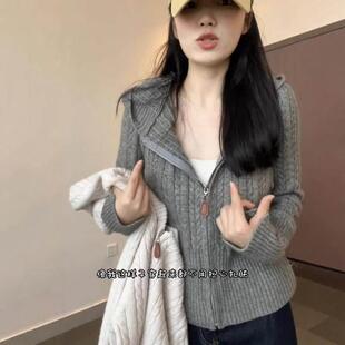 链灰花拉连帽织色开27750-1毛衣衫女秋冬小个子麻短款外套内搭打2