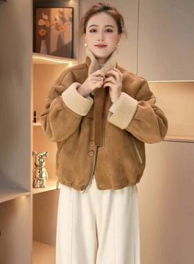 羊毛外短女款加绒秋冬新款感0RQC绒2套5高级小2个子宽松麂皮上UCQ