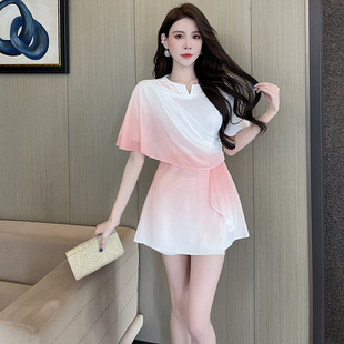 新款 824 足浴技师工作服女spa养生馆采耳师显瘦连衣裙粉色渐变套装