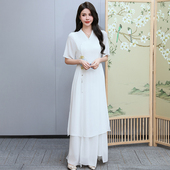 国风足浴店前台技师气质套装 白色SPA养生按摩工作服 连衣裙仙气款