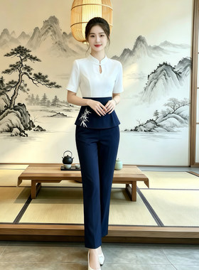 新中式立领短袖修身技师工作服