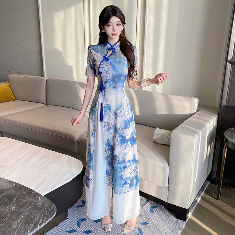 2026新款足浴技师工作服复古中式风采耳茶艺师旗袍裙裤雪纺三件套