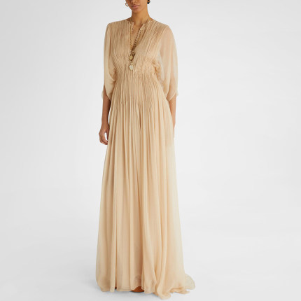 定制2025春夏新款女士细褶超长连衣裙法式高级感气质收腰显瘦