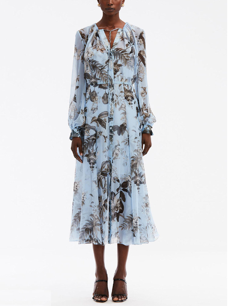 定制24春夏新款蓝色印花清爽图案飘逸法式浪漫优雅收腰大摆长连衣