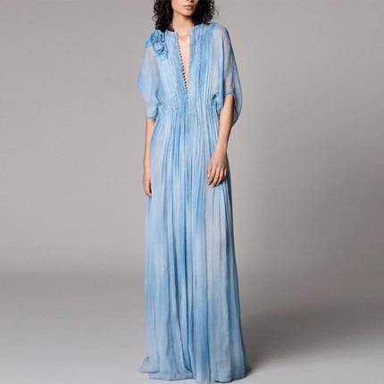 春夏新品长款桑蚕丝大摆连衣裙飘逸仙气天蓝色优雅名媛时尚高级感