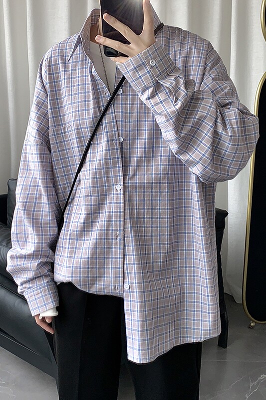 港风格子衬衫男士ins长袖韩版潮流大码外套休闲情侣衬衣CS601P45,男装衬衫,电商B413-1