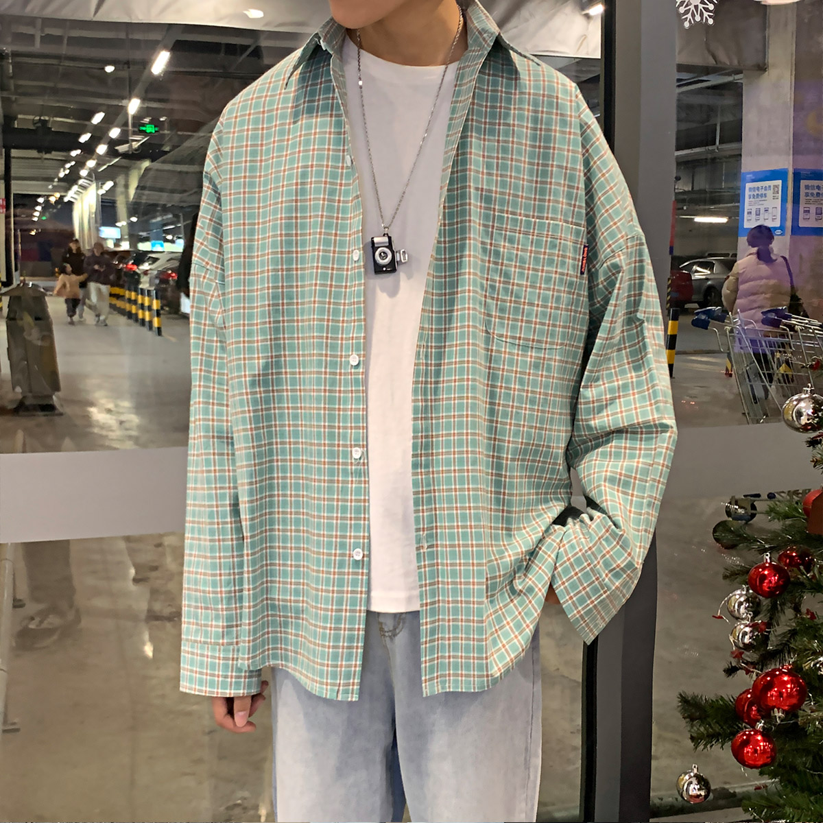 港风ins格子衬衫男士长袖韩版潮流大码外套休闲情侣衬衣CS601P45,男装衬衫,电商B413-1