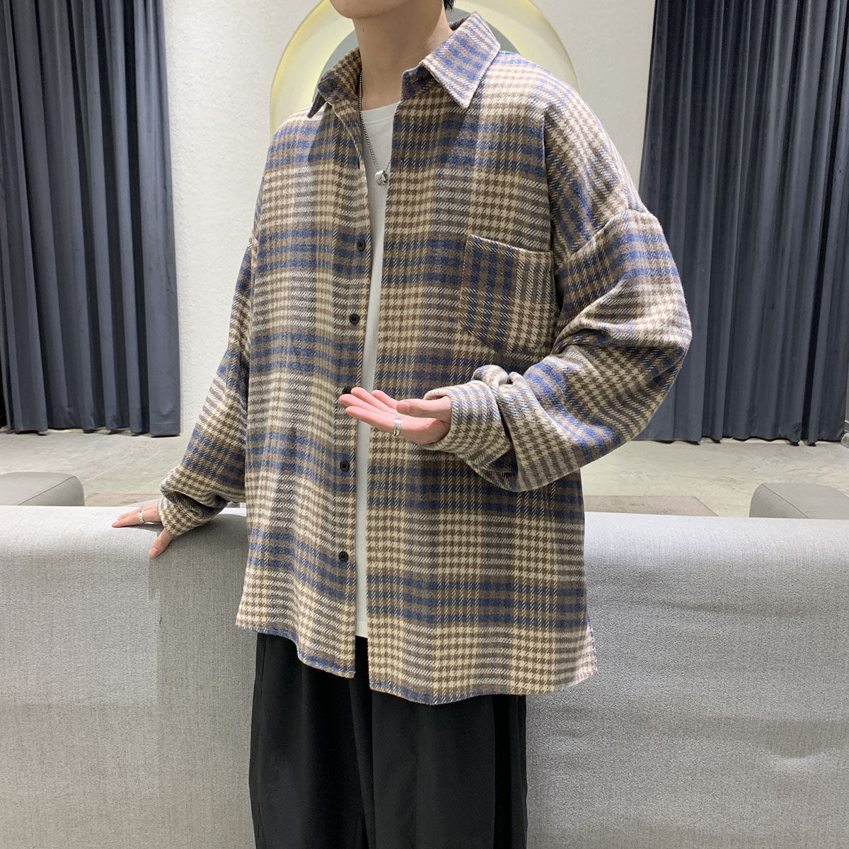 衬衫男秋装夹克韩版帅气港风衬衣宽松休闲毛呢外套DX32P55严控78,男装夹克,电商B413-1