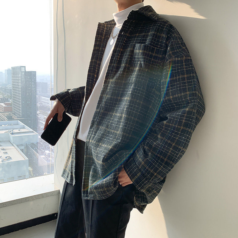 毛呢加厚大码衬衫男秋季衬衣港风情侣格子外套M1018 P65图片