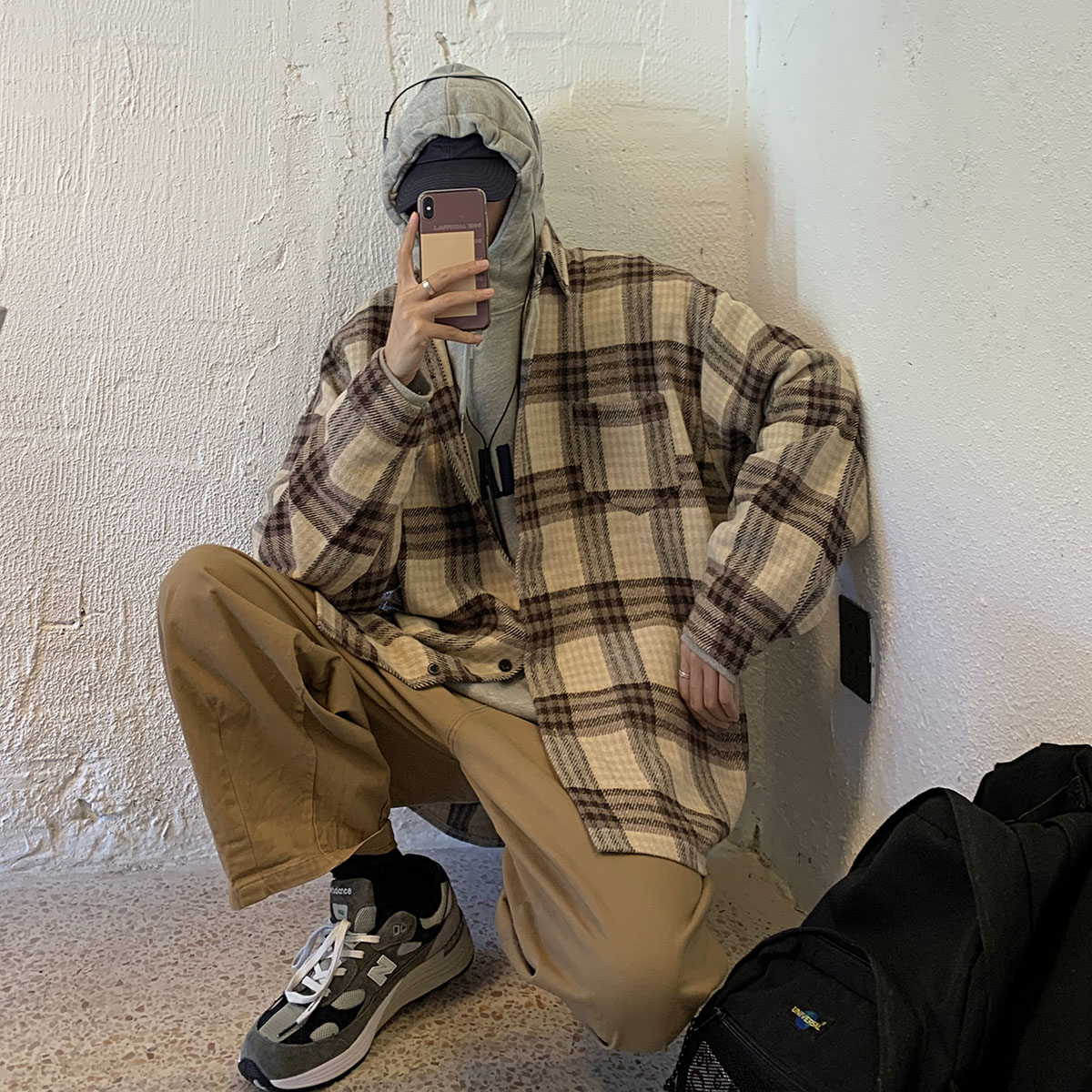 衬衫男潮牌秋冬季港风韩版潮流格子厚款休闲宽松百搭衬衣DX32TP55,男装衬衫,电商B413-1