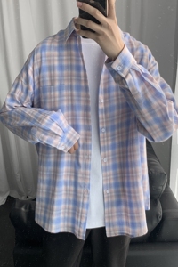 港风ins格子衬衫男士长袖韩版潮流帅气外套休闲情侣衬衣CS606 P45图片