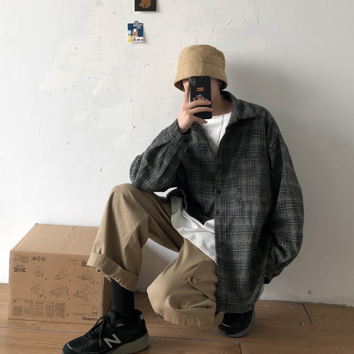 2020港风休闲情侣大码磨毛呢料格子衬衫男衬衣潮外套M1018P65,男装衬衫,电商B413-1
