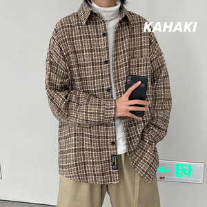 衬衫男港风格子休闲韩版潮流百搭帅气超火男衬衣宽松外套DX125P60图片