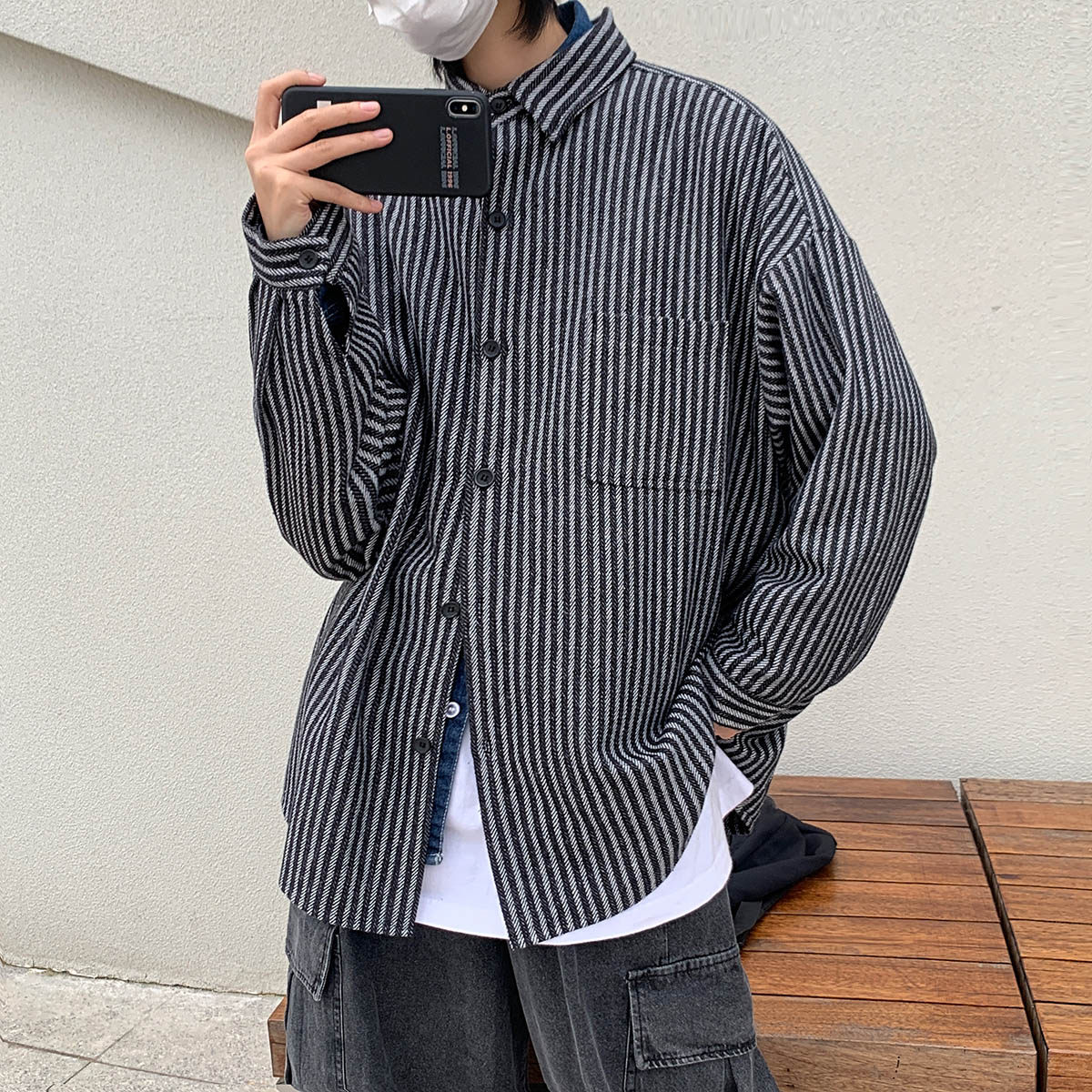 港风复古条纹衬衫长袖ins男士港风宽松百搭毛呢衬衣外套DX126P60,男装衬衫,电商B413-1