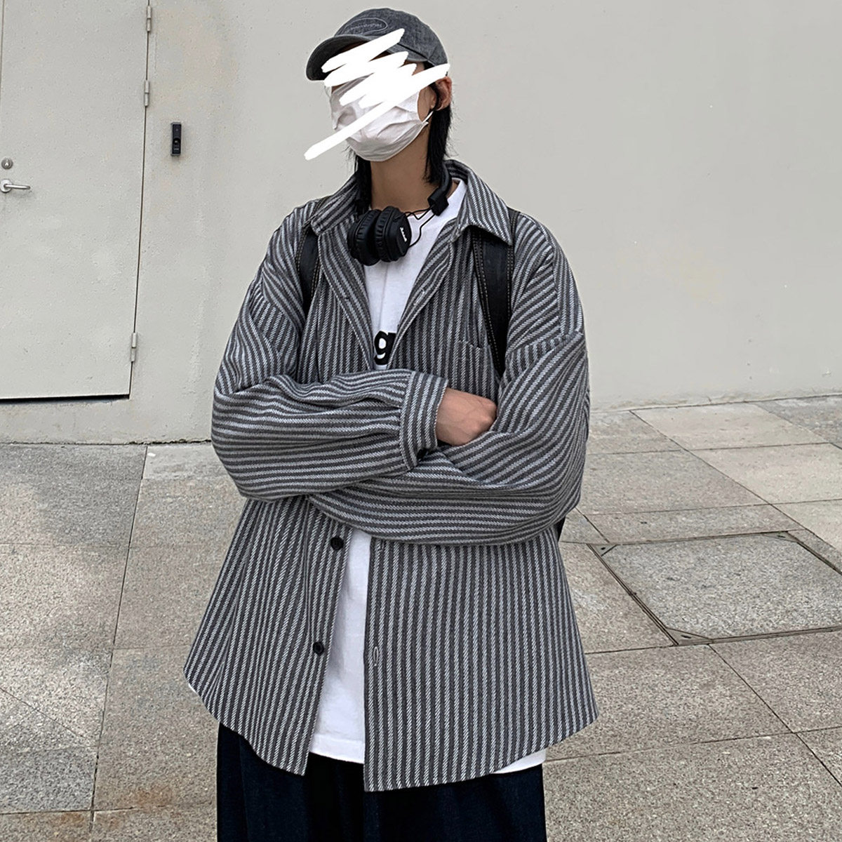 港风复古条纹衬衫长袖ins男士港风宽松百搭毛呢衬衣外套DX126P60,男装衬衫,电商B413-1