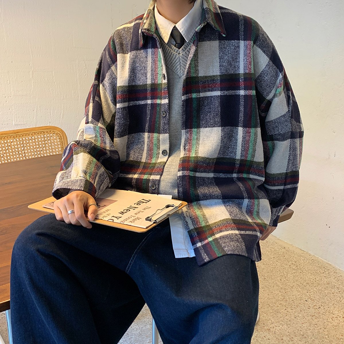 衬衫男长袖格子韩版潮流帅气港风宽松休闲衬衣毛呢外套CS182 P65图片