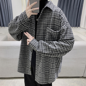 秋季ins港风格子衬衫男士大码百搭超火衬衣宽松情侣外套DX125P60
