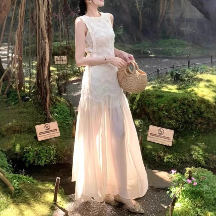 法式感拼接仙气长裙夏季2025新款时髦轻奢收腰显气质连衣裙女