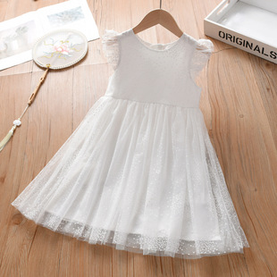 女童网纱连衣裙夏季 中小儿童蝴蝶翅膀超仙网纱裙子白色可扎染 新款