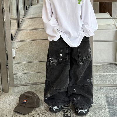 泰如20265秋季新款男童美式擦色牛仔长裤儿童设计感百搭牛仔裤潮