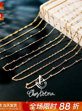 Chez Totora法国正品素金圆珠小方块水波蛇骨盒子简约细闪项链