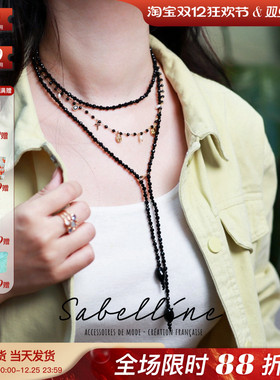 里昂sabelline小众串珠天然石DAKAR切面黑曜石多绕圈叠戴显白项链