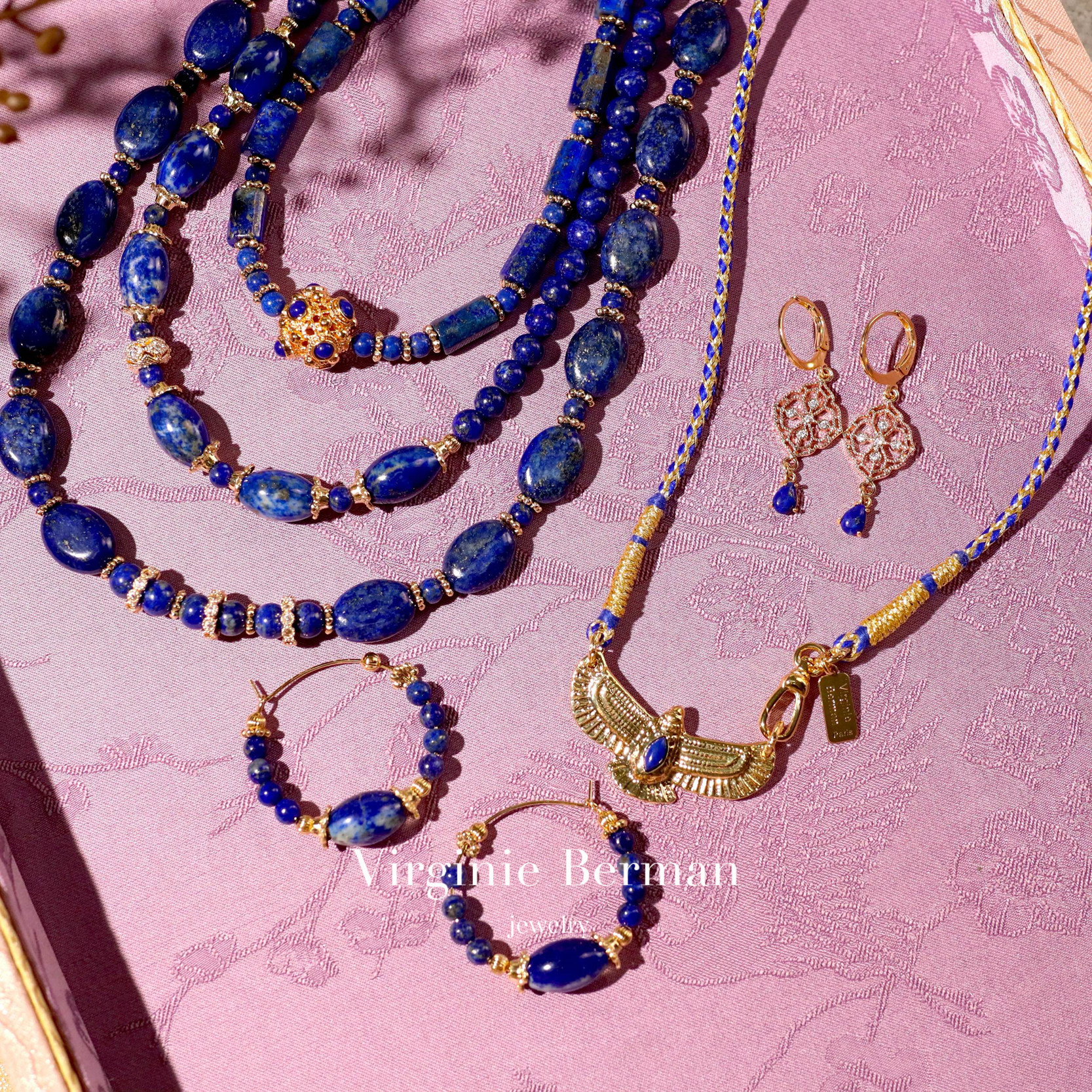 法国Virginie Berman窗花老鹰绣球天然大小珠深蓝青金石耳环项链