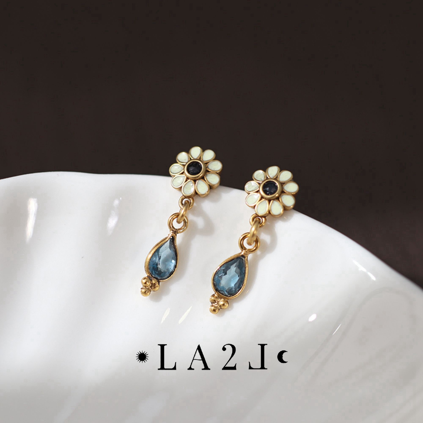 法国LA2L正品 古典神秘小花爱心水滴箭头彼得石碧玺水晶精致耳环