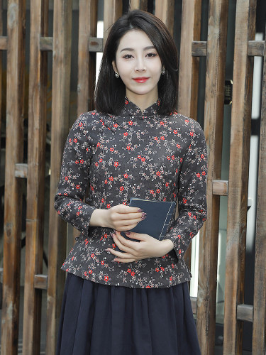 龙妙旗袍上衣春秋纯亚麻印花盘扣