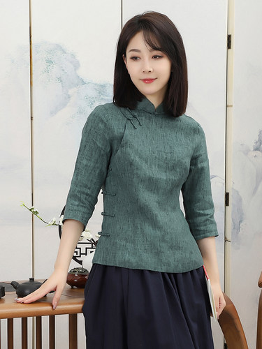 龙妙旗袍上衣炒色亚麻怀旧复古