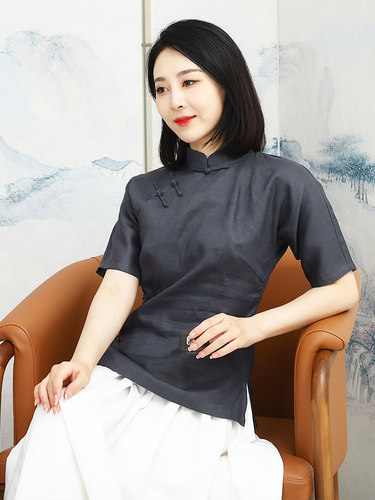 修身旗袍上衣龙妙纯亚麻复古连袖