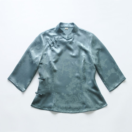 龙妙旗袍上衣 2025秋季新款七分袖真醋酸改良中式女装 凤霖灰蓝色